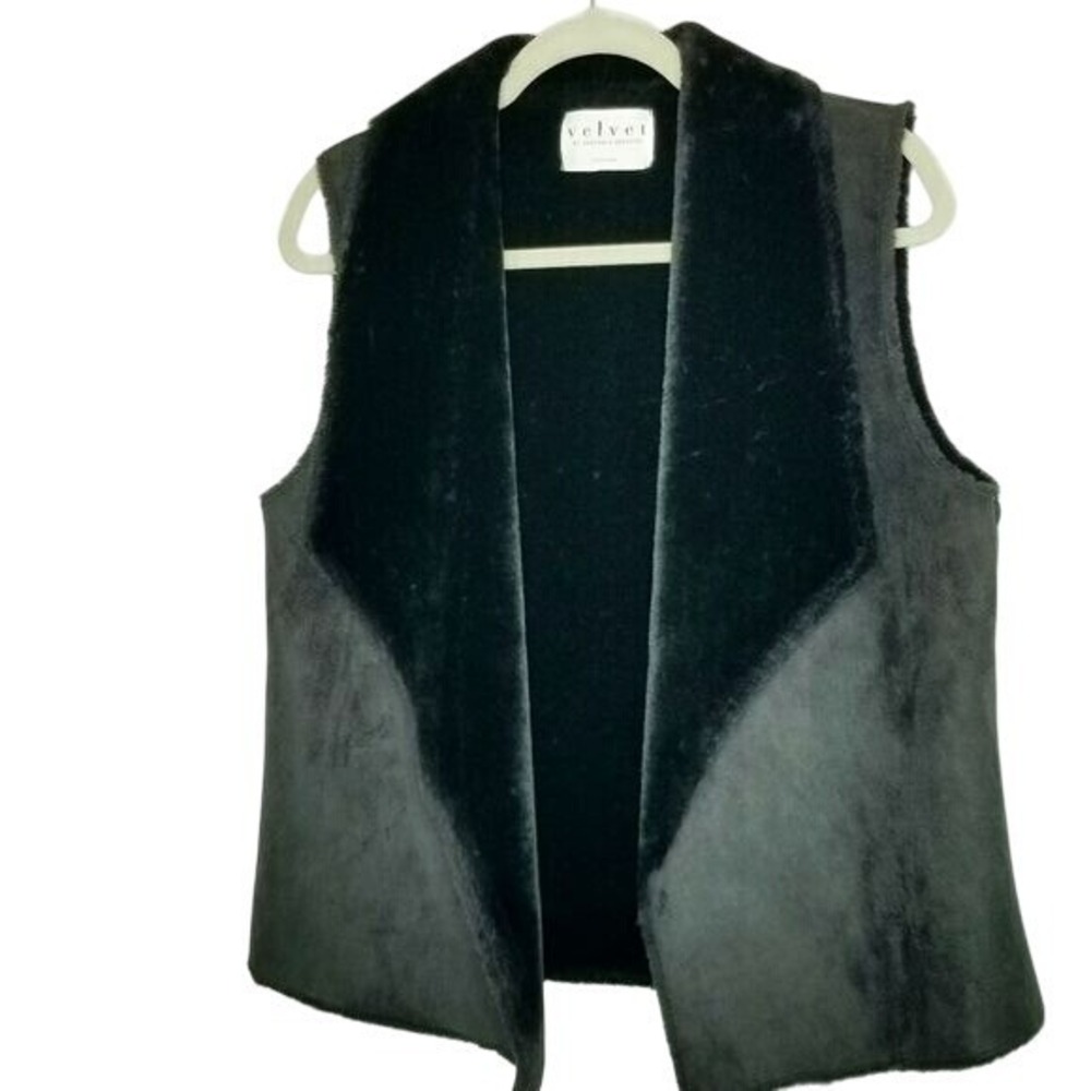 Velvet Vest Suede Drape Open Front Sleeveless Casual Black Vest Faux‎ Fur M